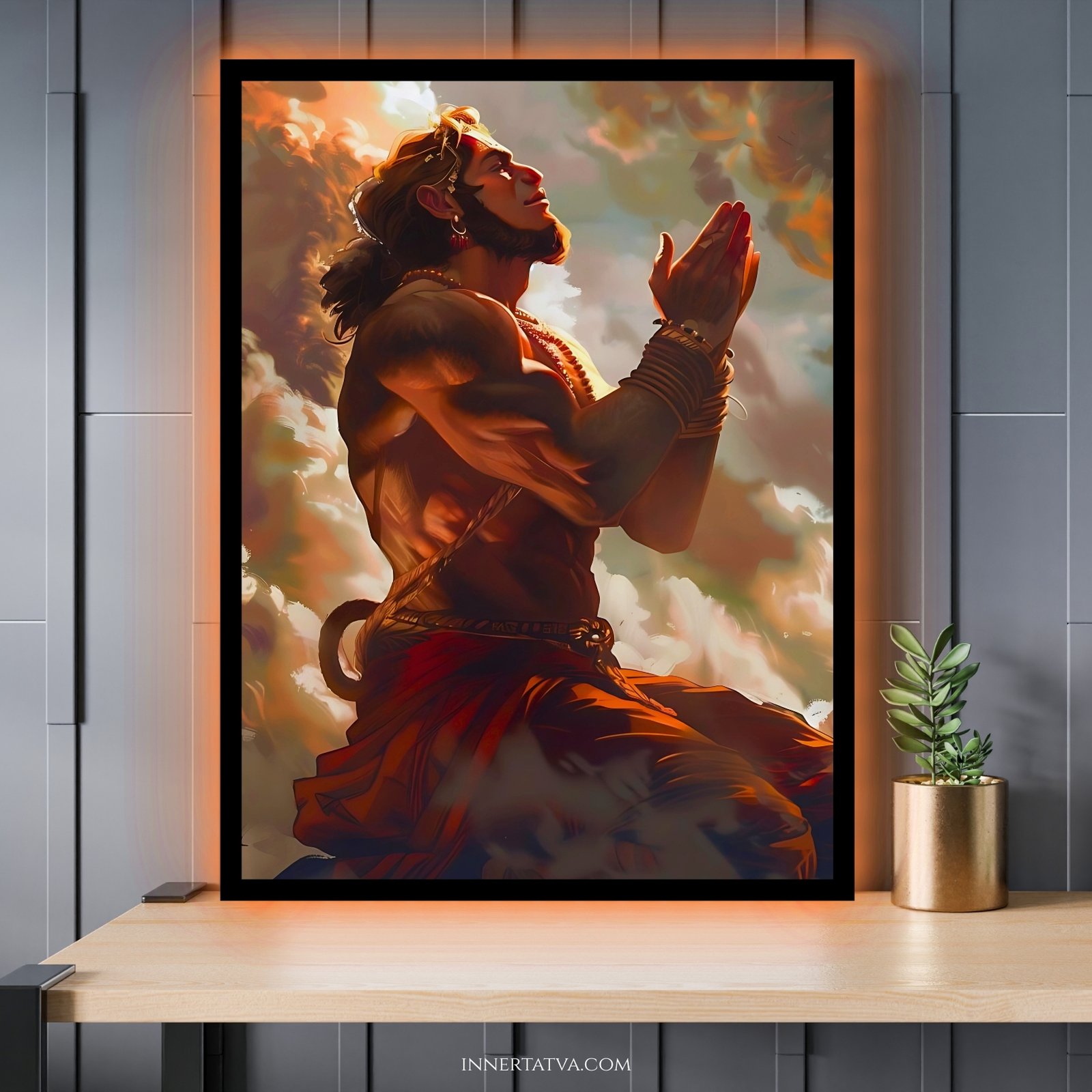 Lord Hanuman Praying Anime Art - Acrylic Slim LED Glow Frame